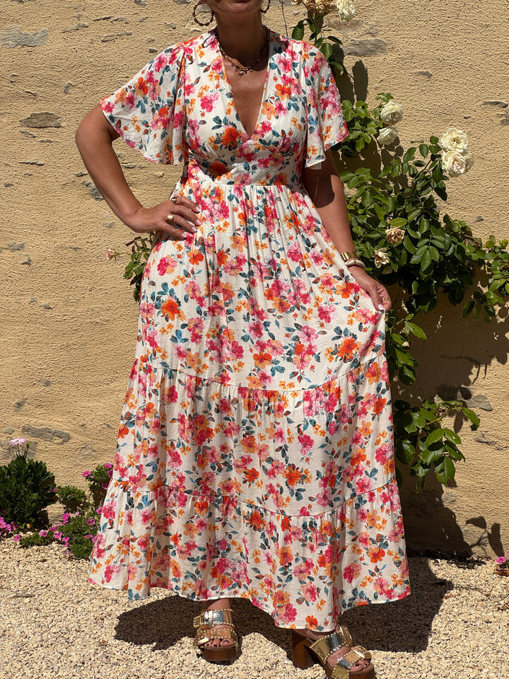 Robe imprimé floral multicolore fond beige MIRANDA In April 1986