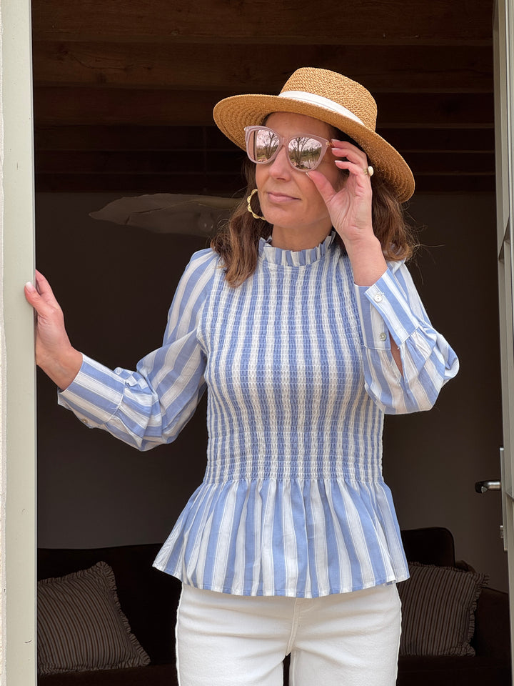 Top manche longue cintré avec volant rayures blanche et ciel MILOE