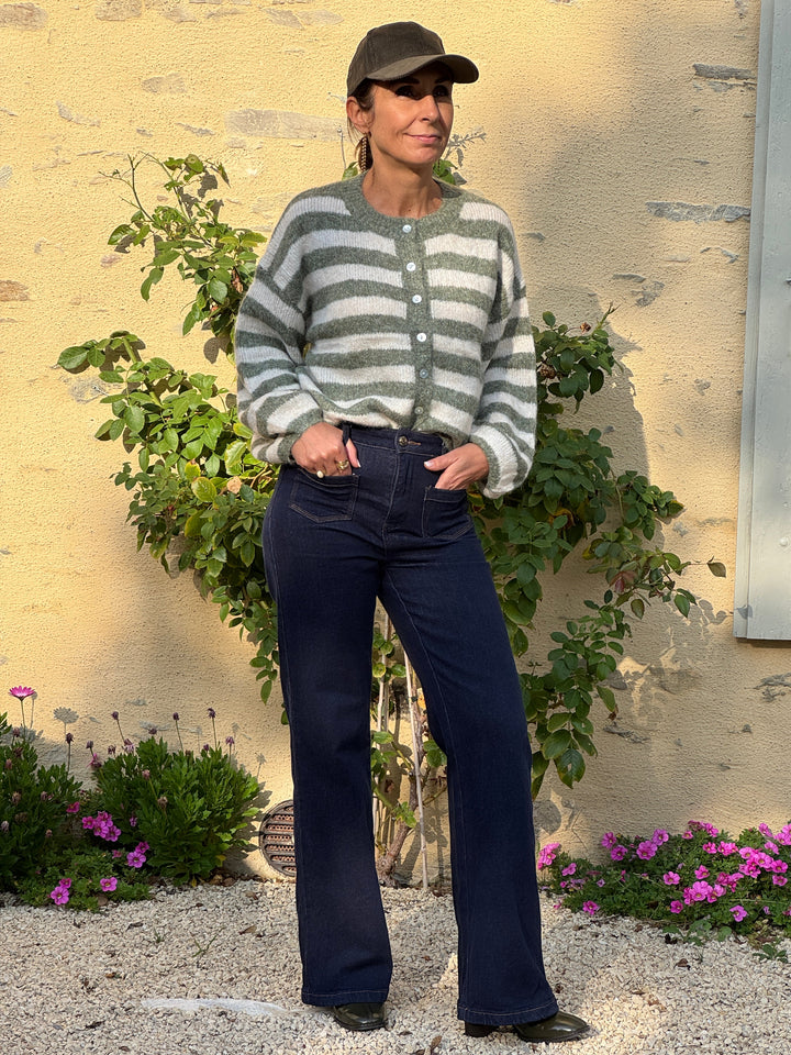 Gilet rayures kaki sur fond écru MAEL In April 1986