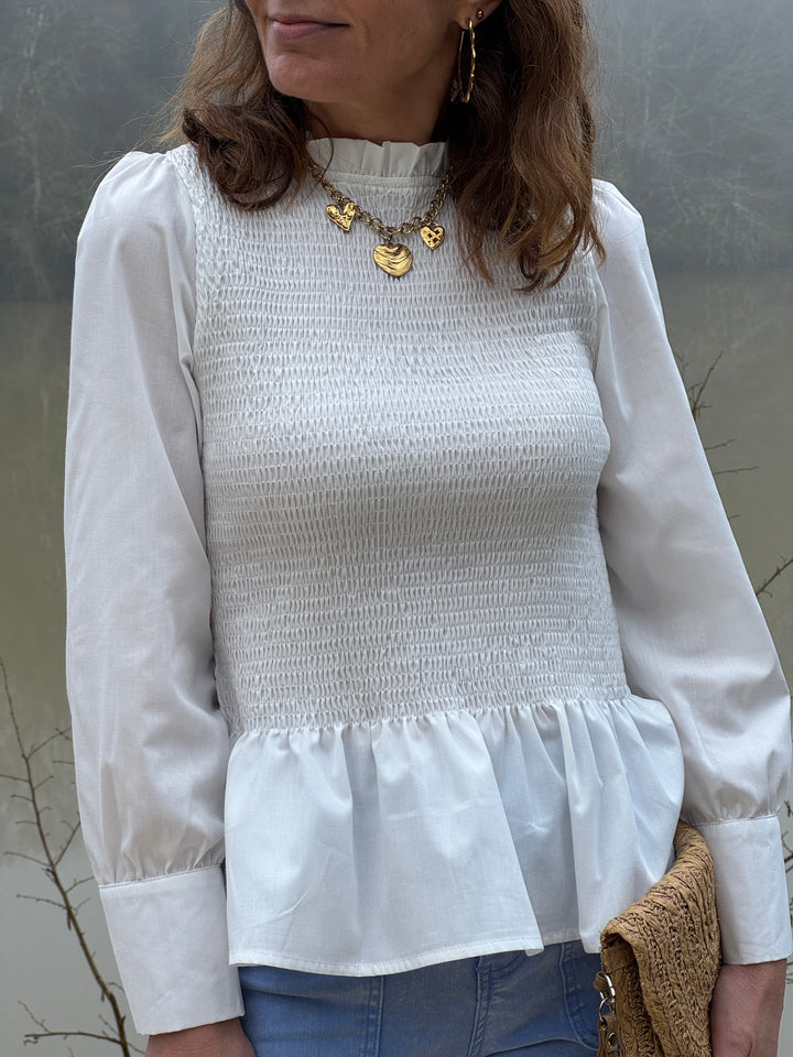 Top manche longue cintré avec volant blanc MILOE