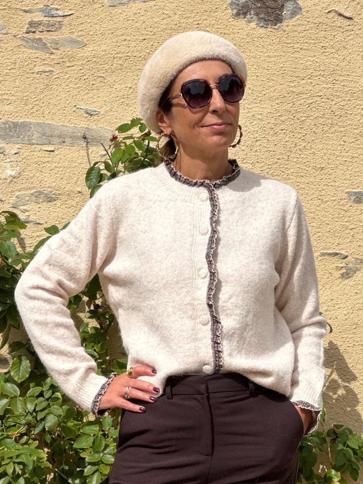 Gilet écru écossais beige et chocolat NELI