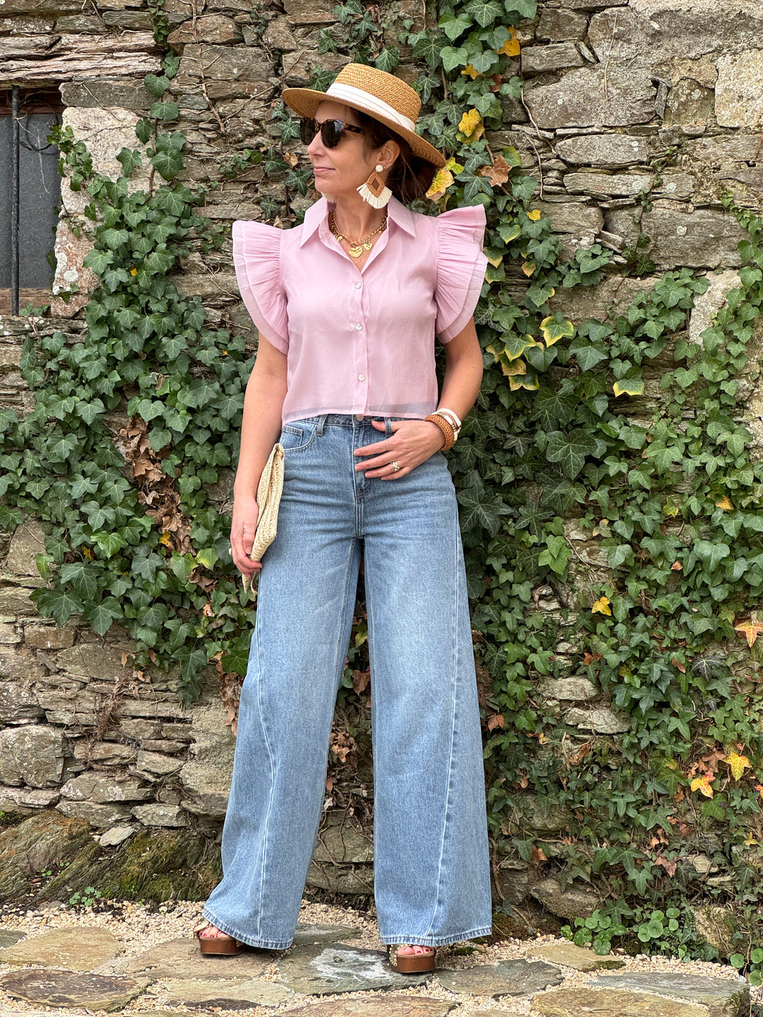 Top rose crêpe transparente INES