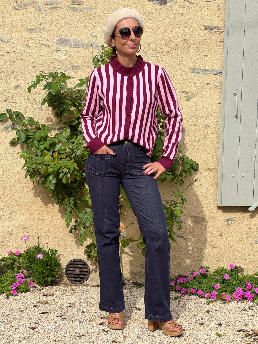 Gilet Bordeaux Rose rayures SOLEANE