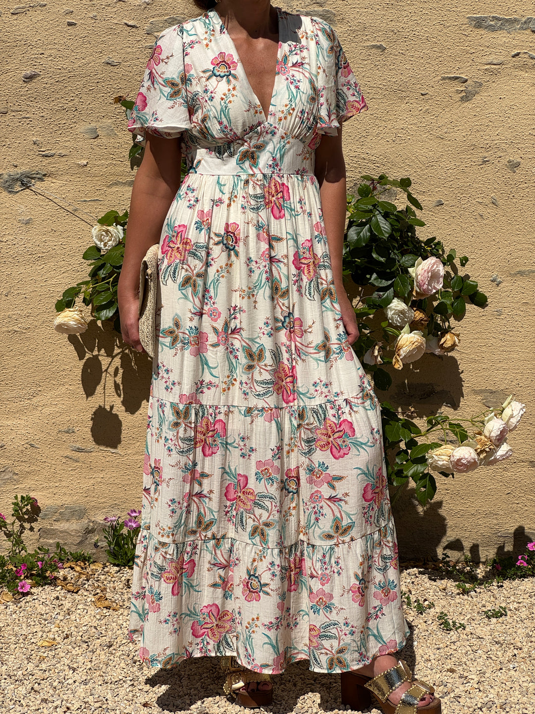 Robe floral multicolore longue fond blanc empire LOMY
