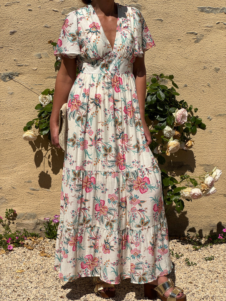 Robe floral multicolore longue fond blanc empire LOMY