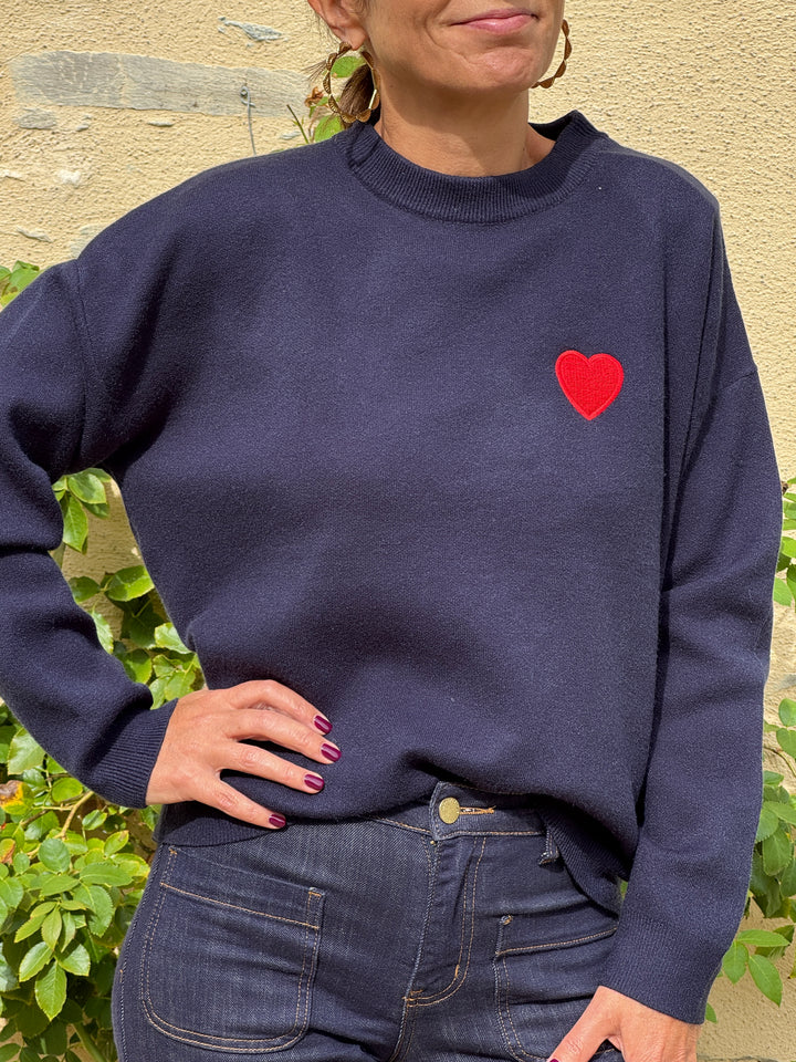 Pull cœur dentelle blanche ajourée dos marine CŒUR