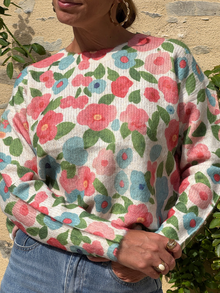 LIOR floral sweater in pink, yellow and sky blue on a beige background In April 1986