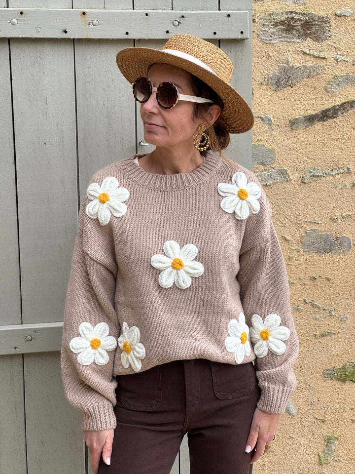 Pull camel marguerite écru col rond COQUELICOT