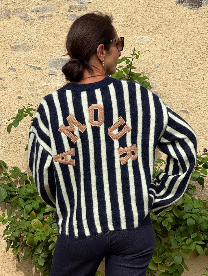 Pull rayures marine fond beige broderie AMOUR