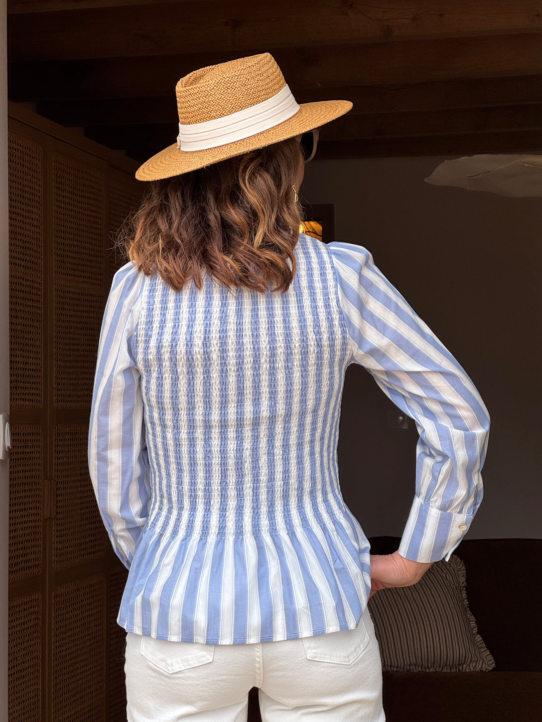 Top manche longue cintré avec volant rayures blanche et ciel MILOE
