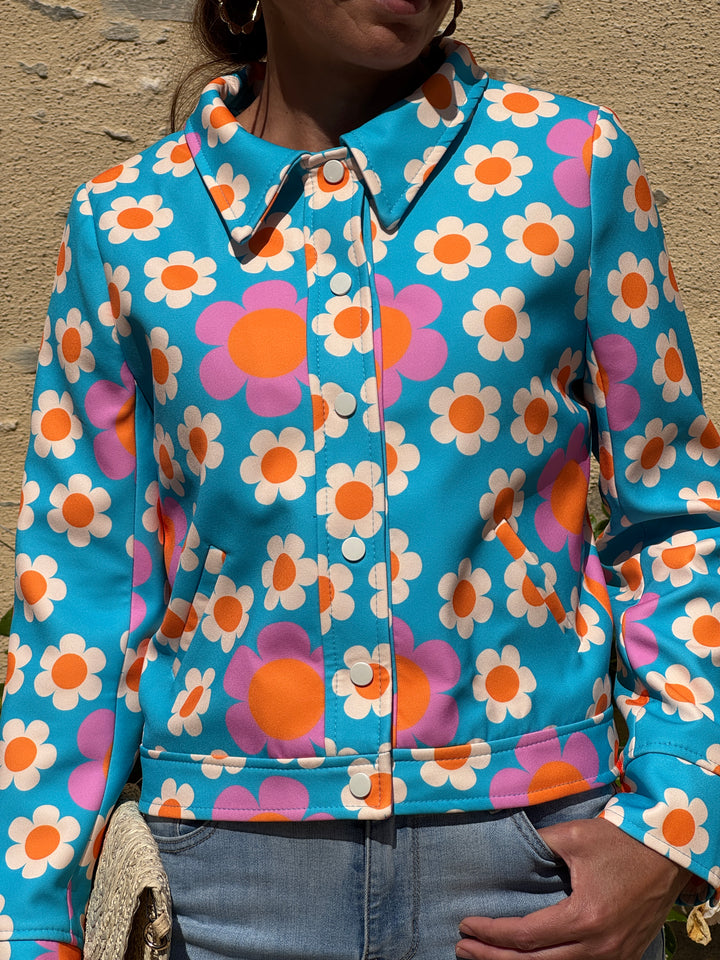 Veste marguerites bleu turquoise FLOWER POWER Hippocampe