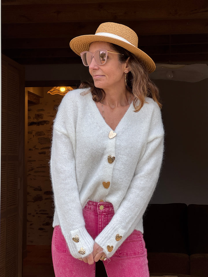 Gilet blanc col V boutons coeurs dorés ELLA