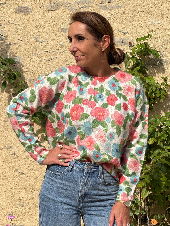 LIOR floral sweater in pink, yellow and sky blue on a beige background In April 1986