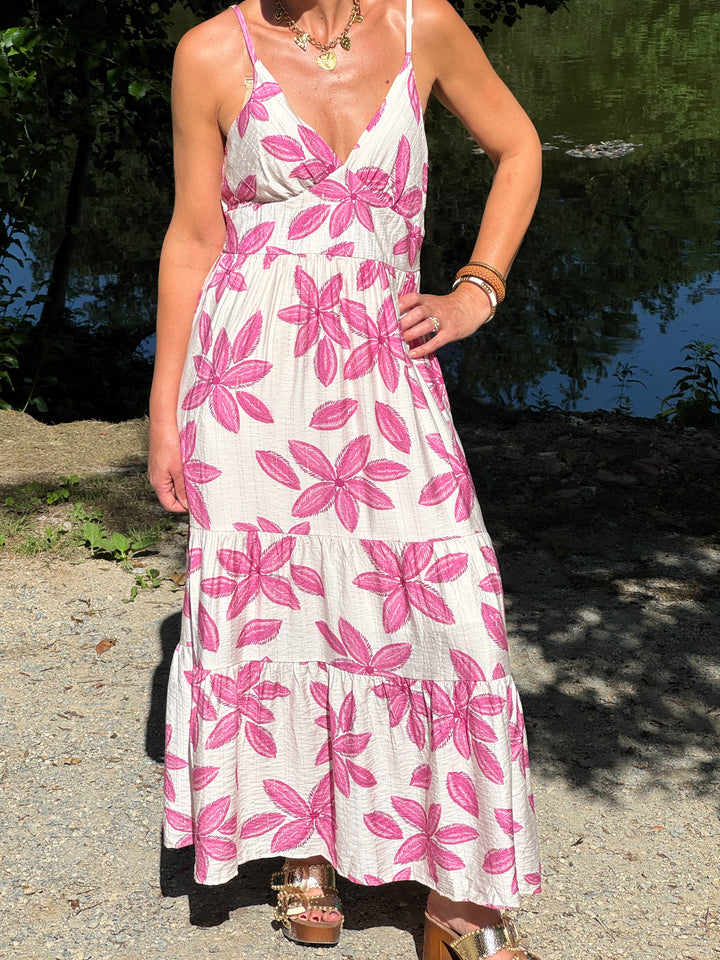 Robe imprimé floral rose fond écru empire AVELIA