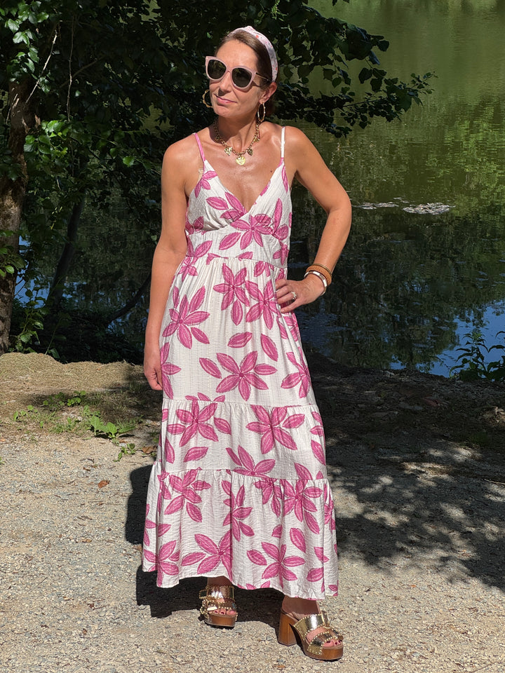 Robe imprimé floral rose fond écru empire AVELIA