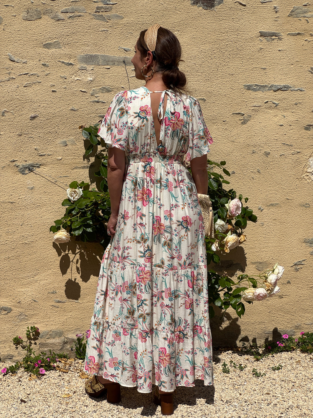 Robe floral multicolore longue fond blanc empire LOMY