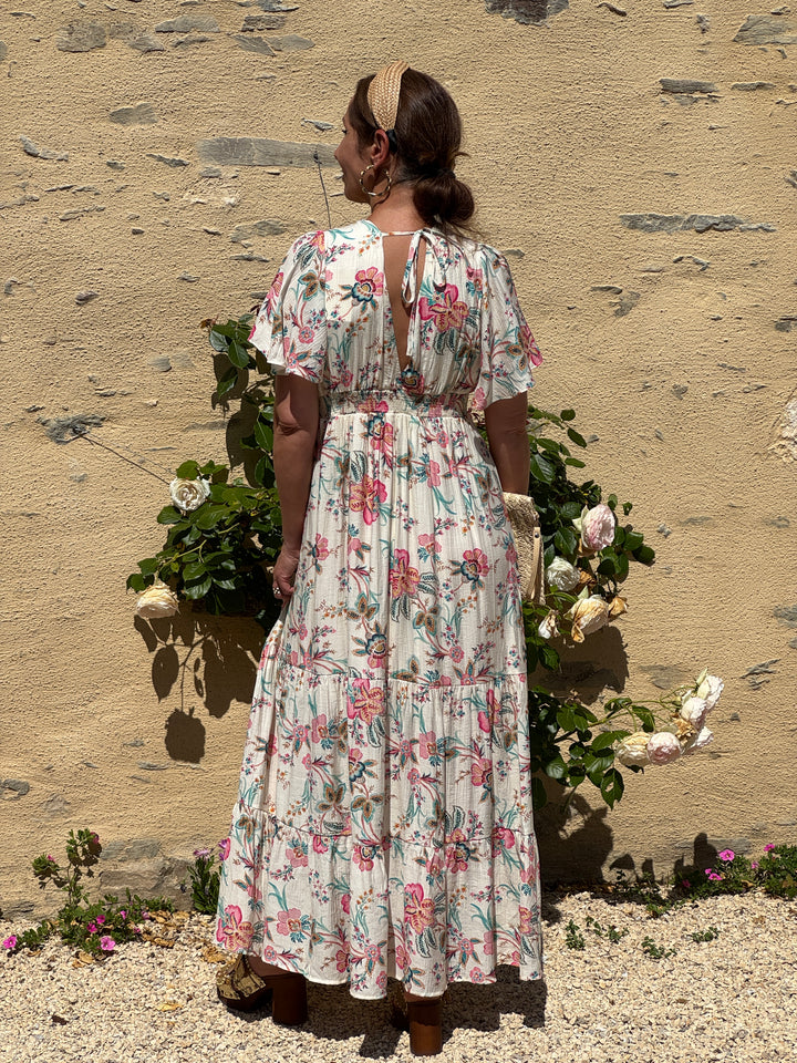 Robe floral multicolore longue fond blanc empire LOMY