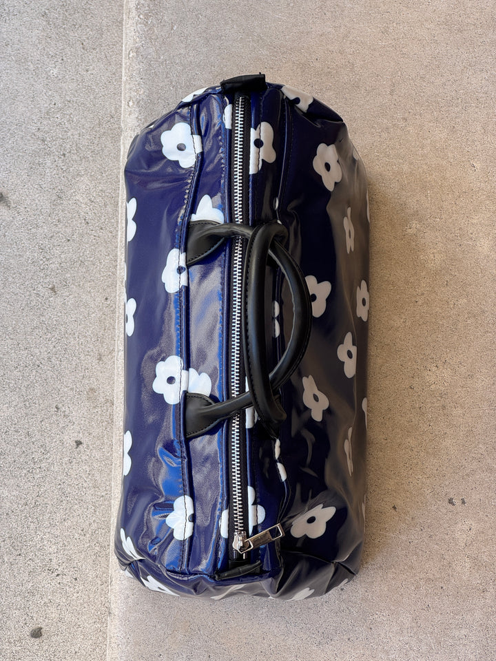 Navy bag printed with white flowers N°180 BOWLING Hippocampe