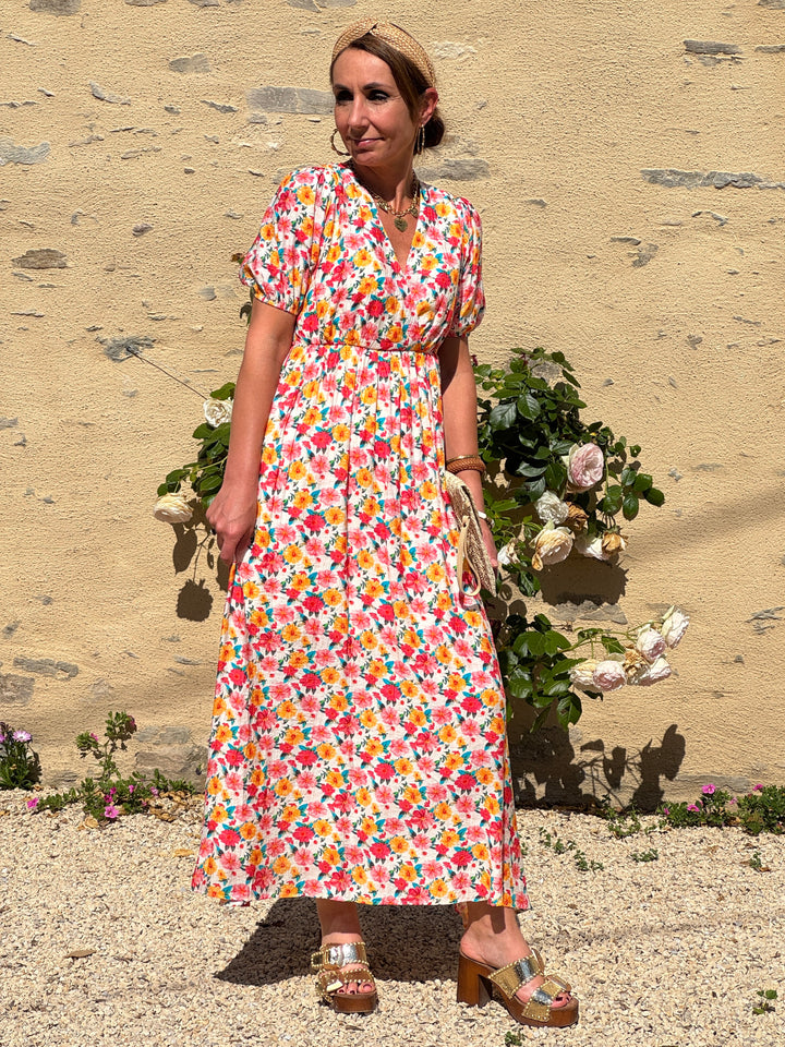 Robe imprimé floral multico pastel fond beige MARION