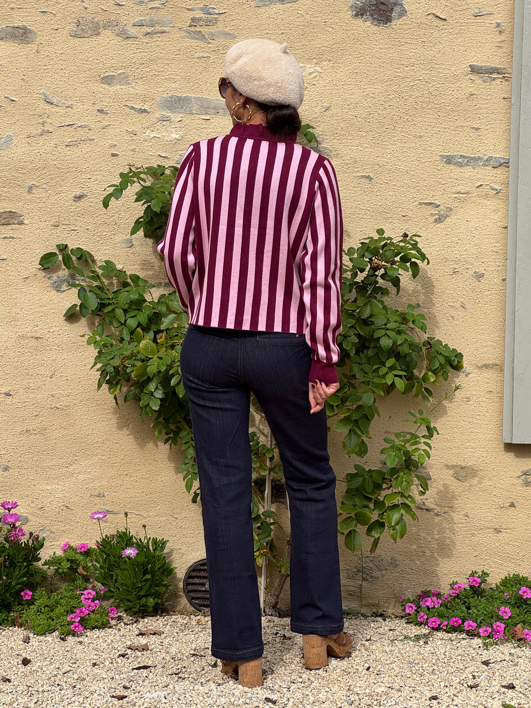Gilet Bordeaux Rose rayures SOLEANE