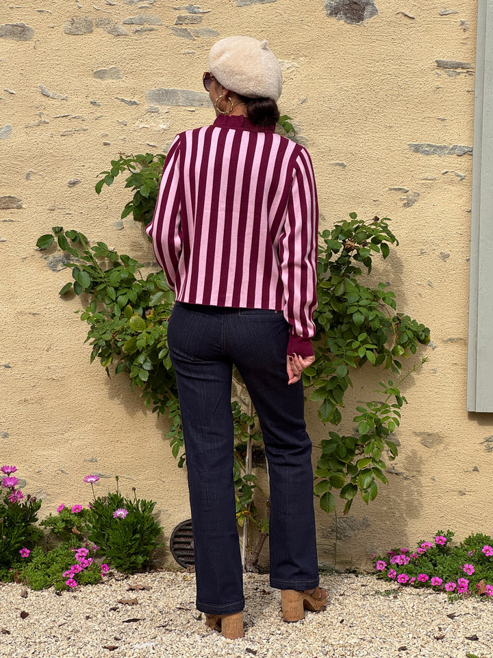 Gilet Bordeaux Rose rayures SOLEANE