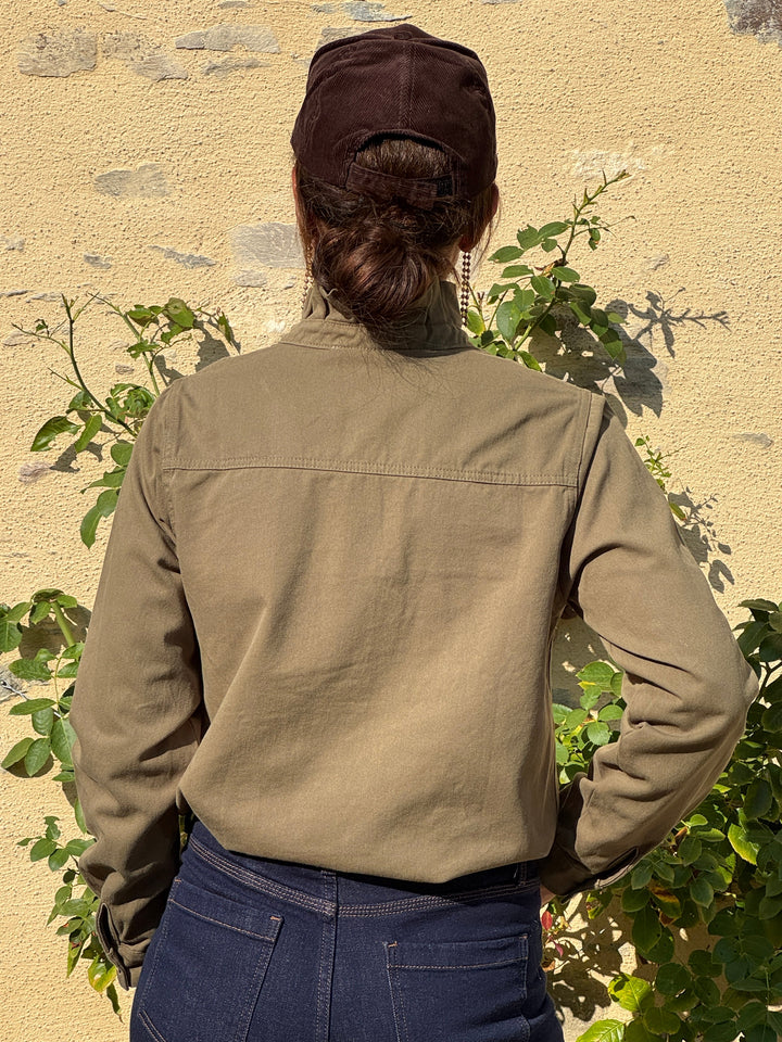 Chemise jean kaki col montant à froufrous ESMOND In April 1986