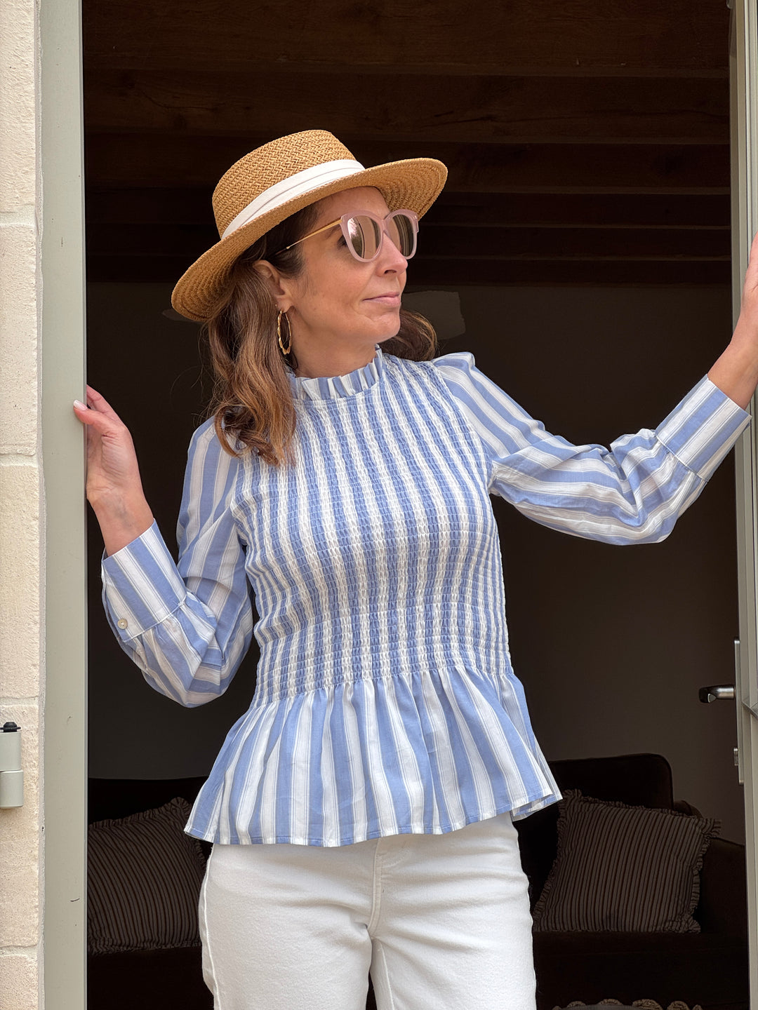 Top manche longue cintré avec volant rayures blanche et ciel MILOE
