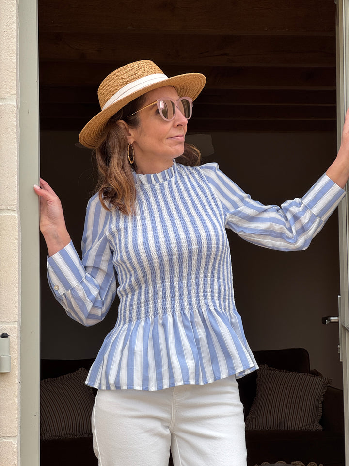 Top manche longue cintré avec volant rayures blanche et ciel MILOE