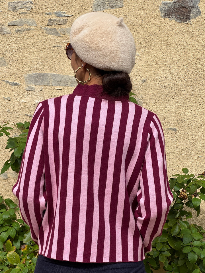 Gilet Bordeaux Rose rayures SOLEANE