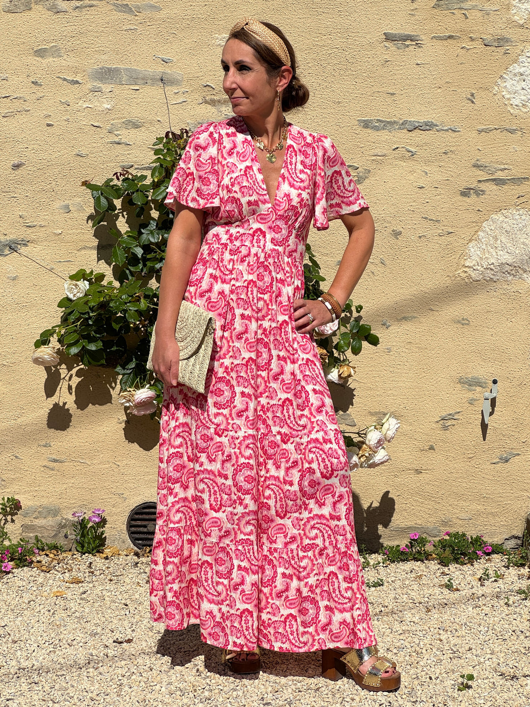 Robe fuchsia beige empire longue SELYA