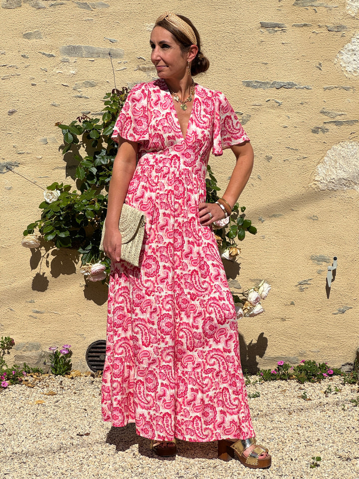 Robe fuchsia beige empire longue SELYA