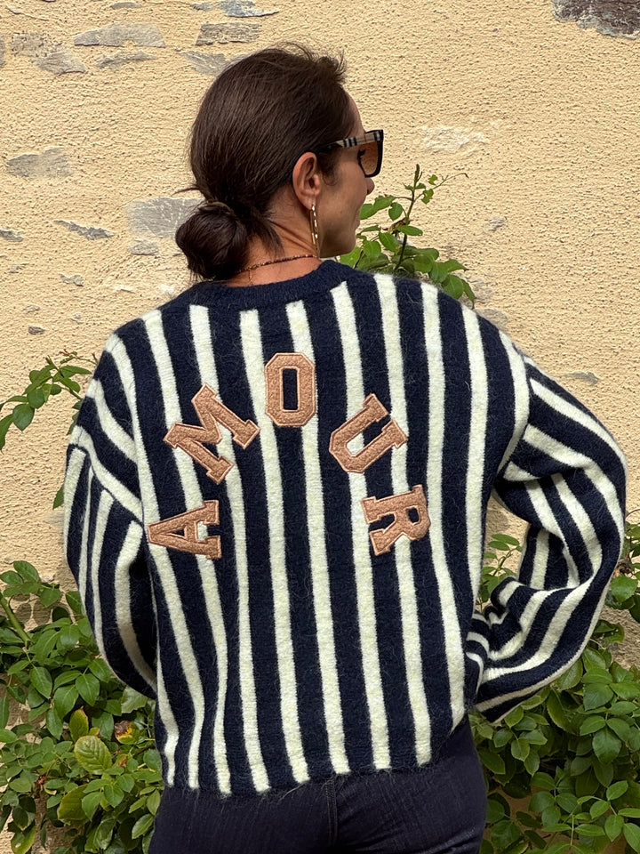 Pull rayures marine fond beige broderie AMOUR