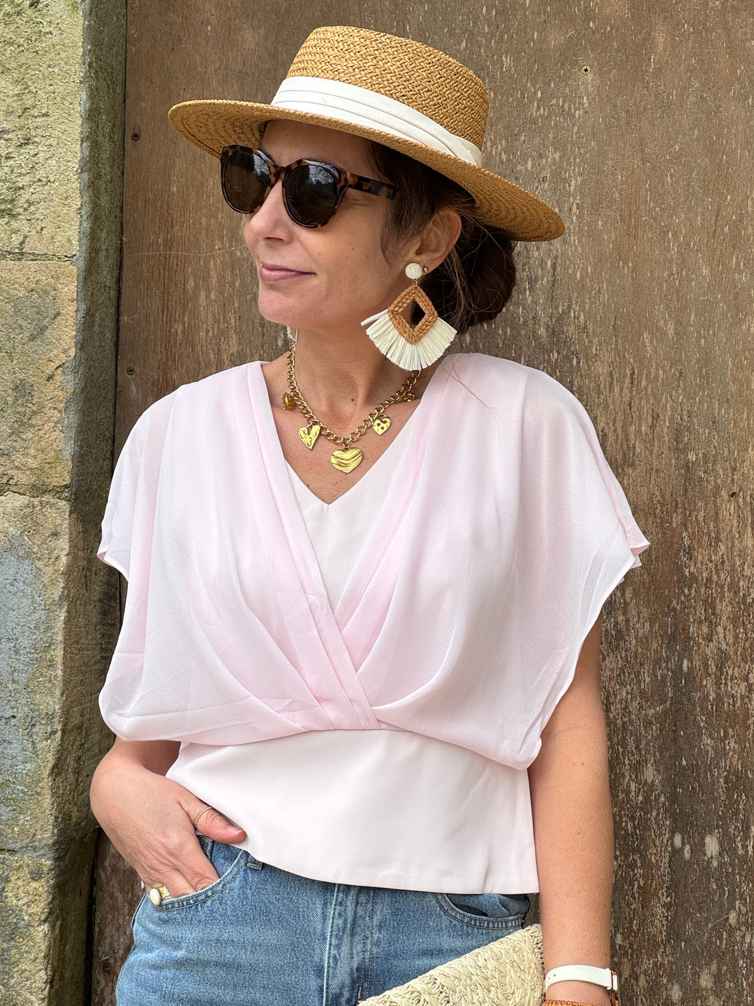 Top rose drapé croisé volant NOA