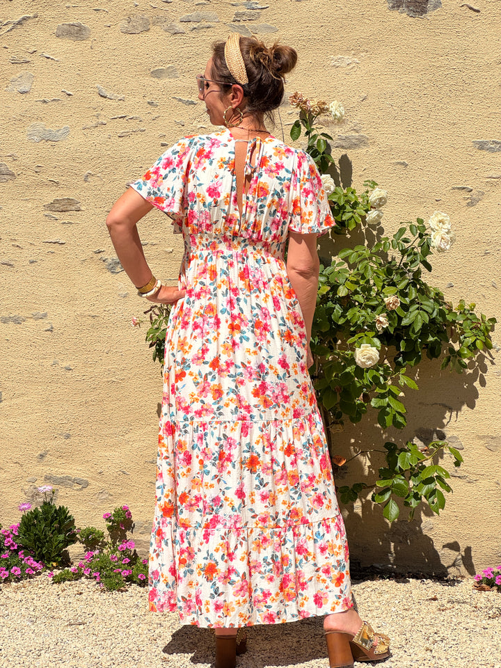 Robe imprimé floral multicolore fond beige MIRANDA In April 1986