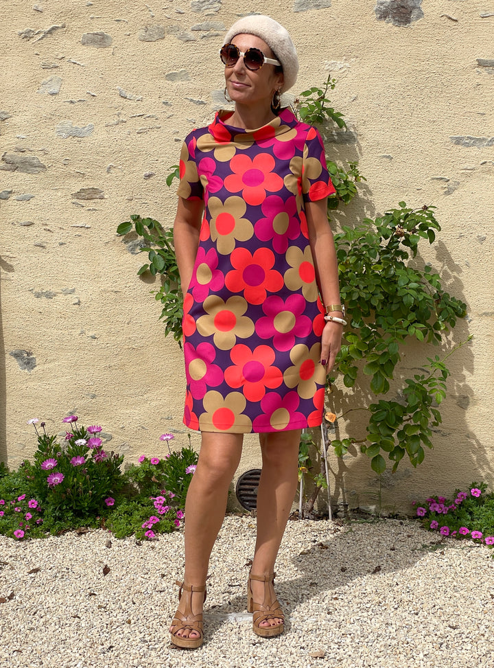 Robe col bénitier MARGUERITES SEVENTIES fuchsia et kaki Hippocampe