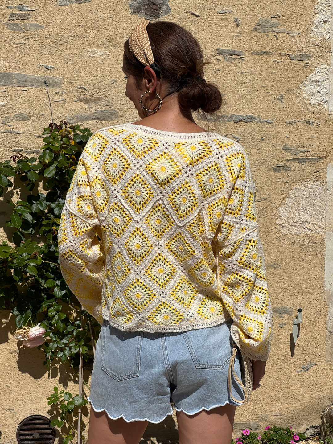 Top crochet jaune et écru AZELIE