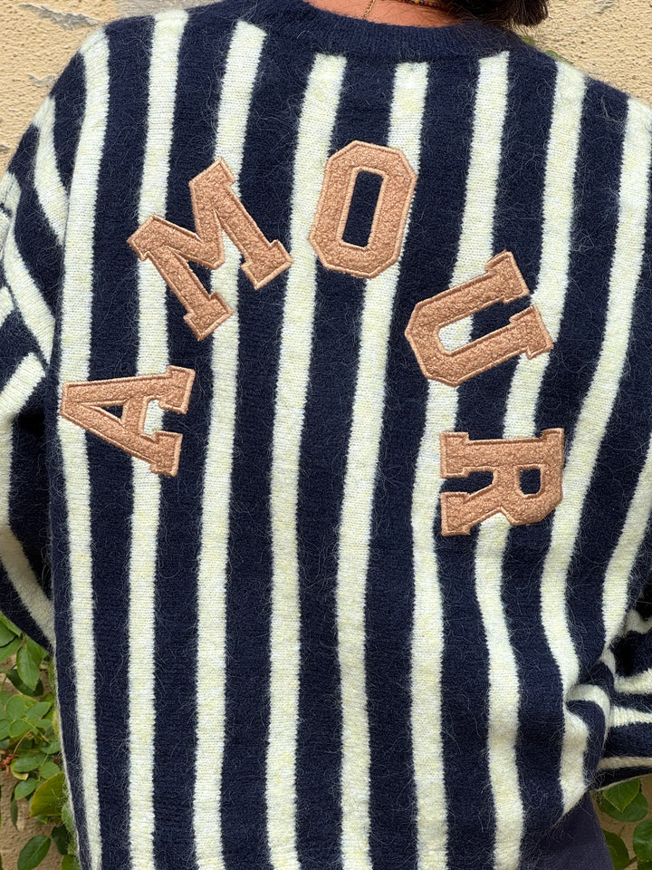 Pull rayures marine fond beige broderie AMOUR
