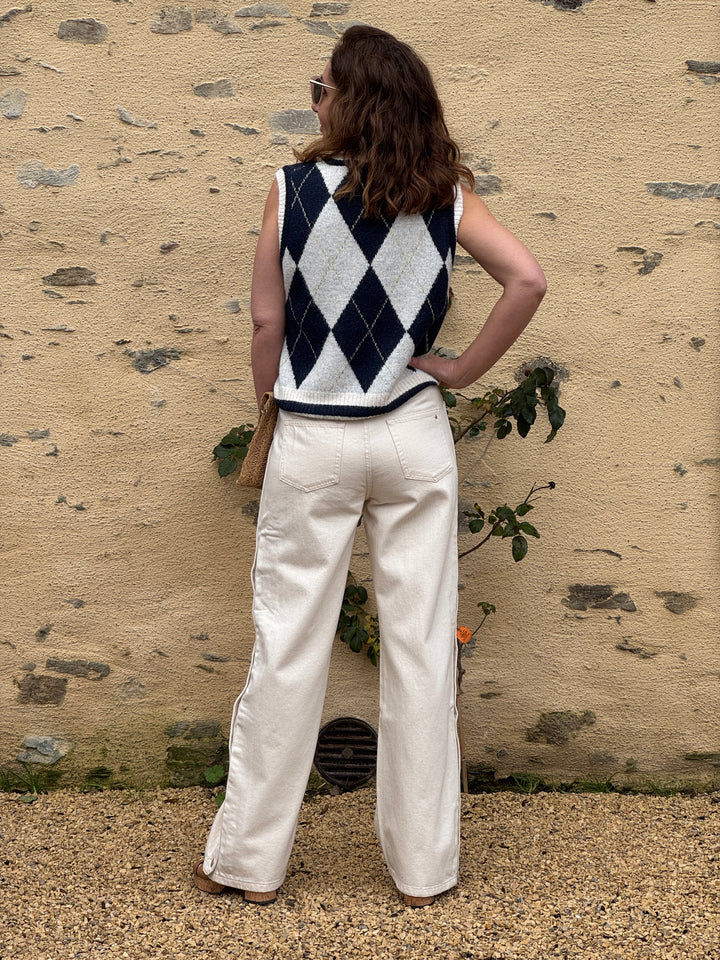 Pull écru marine sans manches col V ARSENE