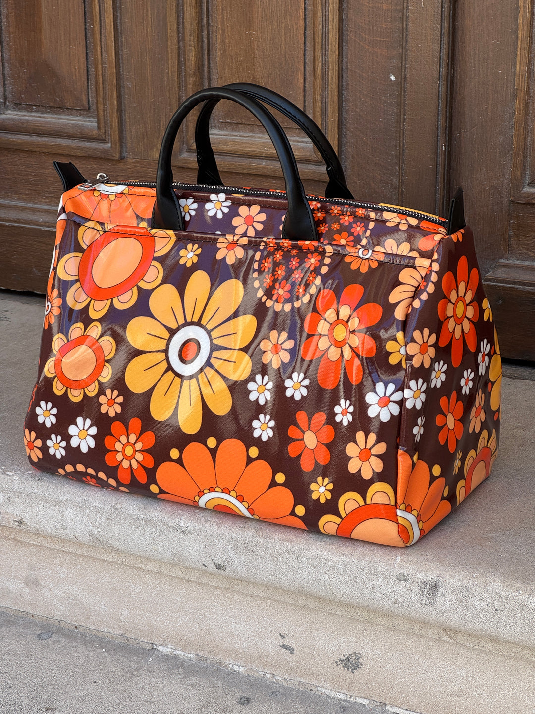 Sac imprimé fleuri marron, orange et jaune N°26  BOWLING Hippocampe