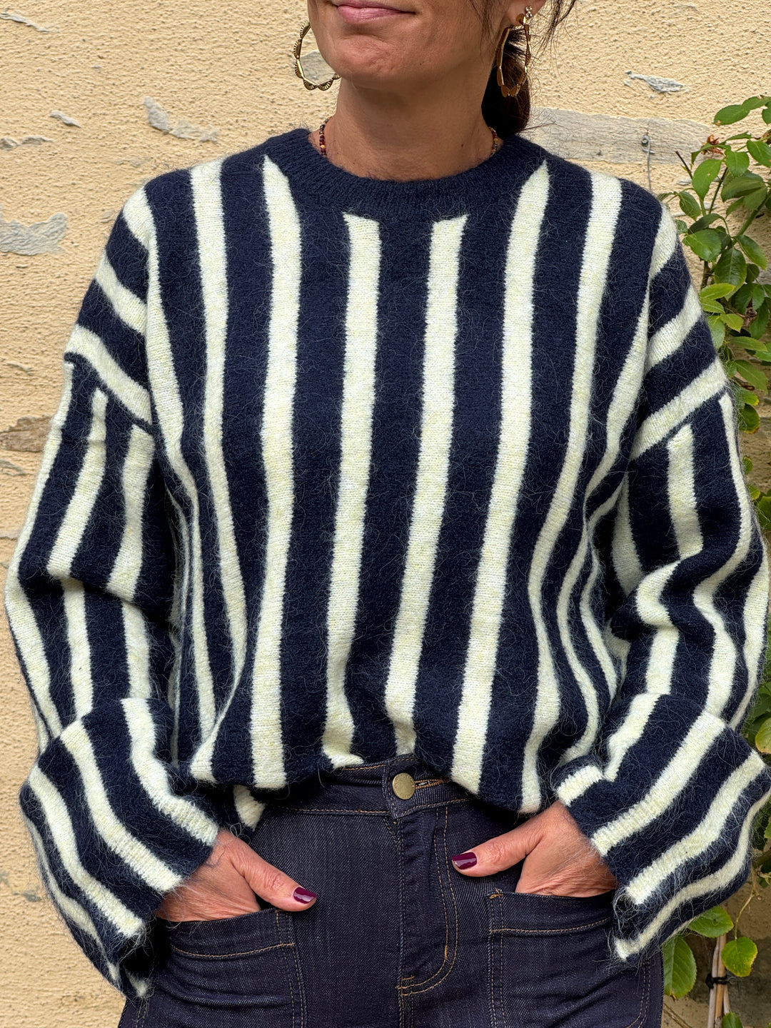 Pull rayures marine fond beige broderie AMOUR