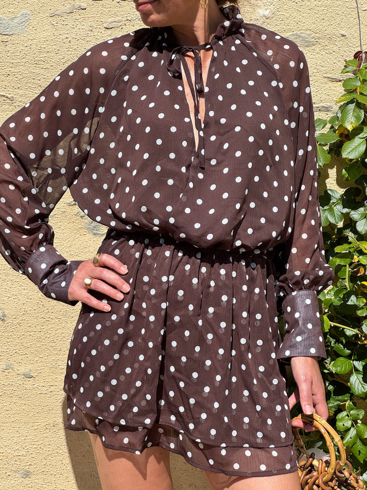 Robe pois blancs sur fond marron crêpe LYLA