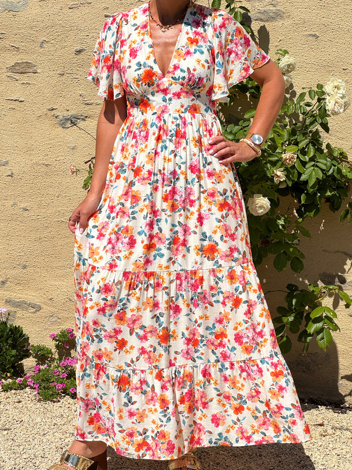 Robe imprimé floral multicolore fond beige MIRANDA In April 1986