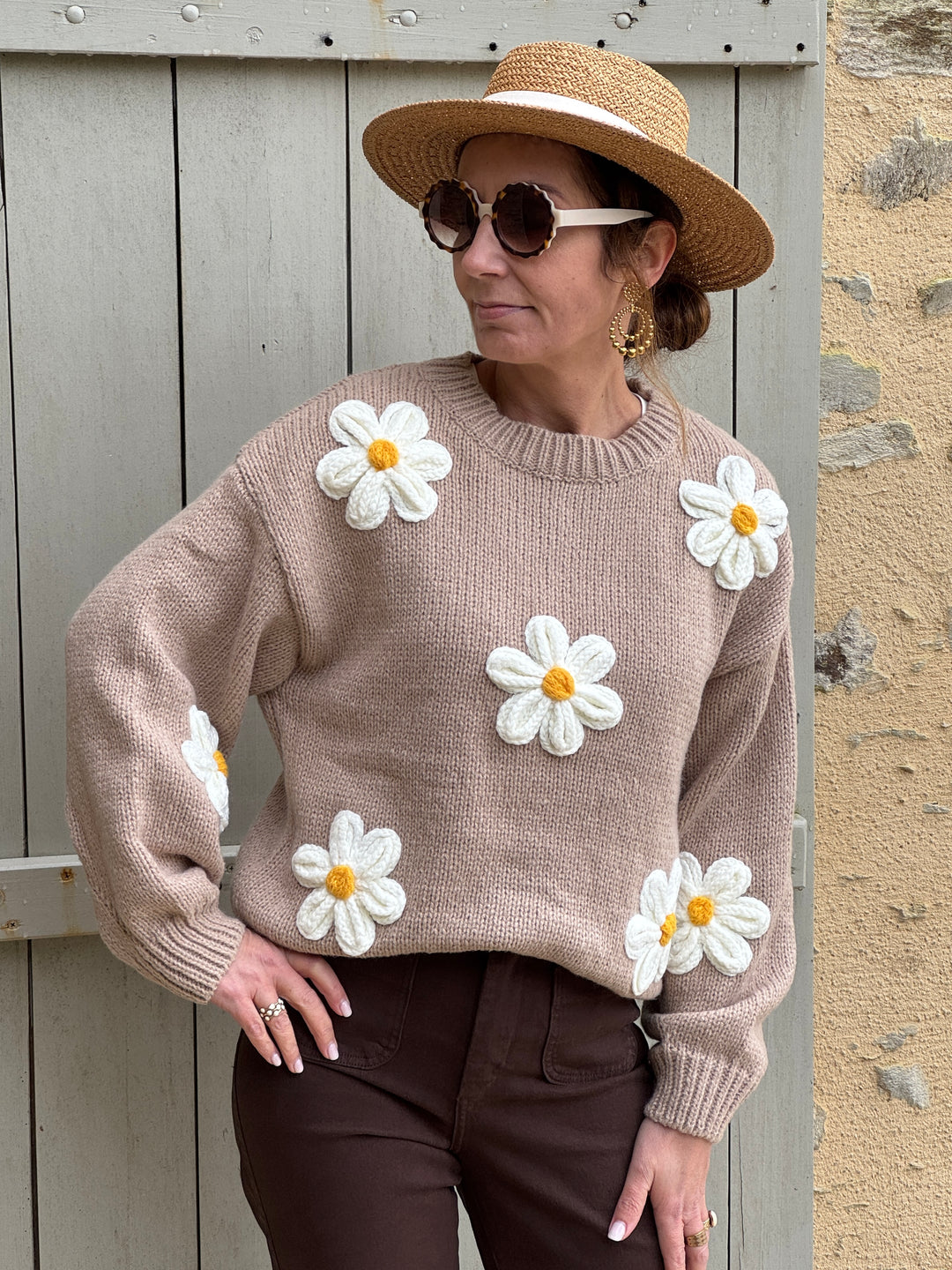 Pull camel marguerite écru col rond COQUELICOT