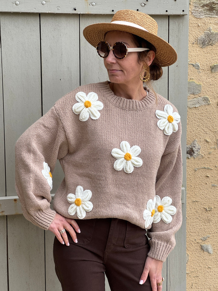 Pull camel marguerite écru col rond COQUELICOT