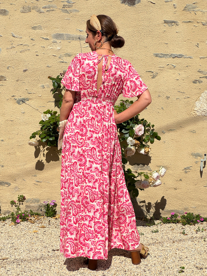 Robe fuchsia beige empire longue SELYA