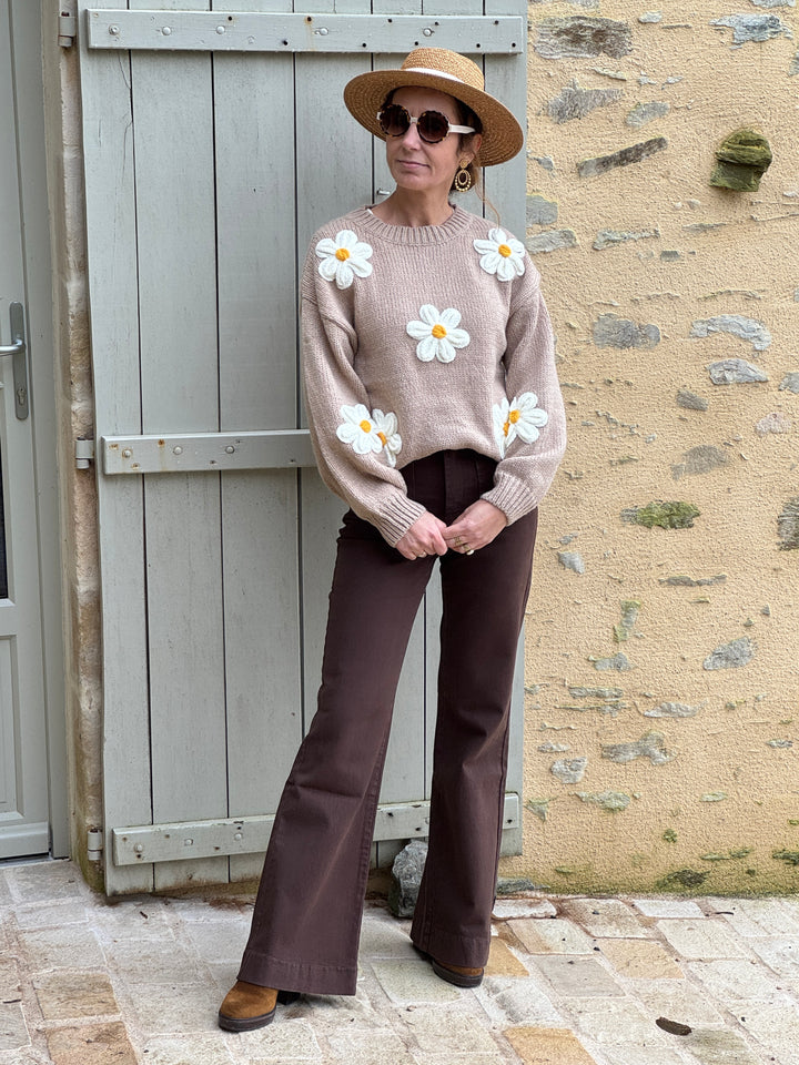 Pull camel marguerite écru col rond COQUELICOT