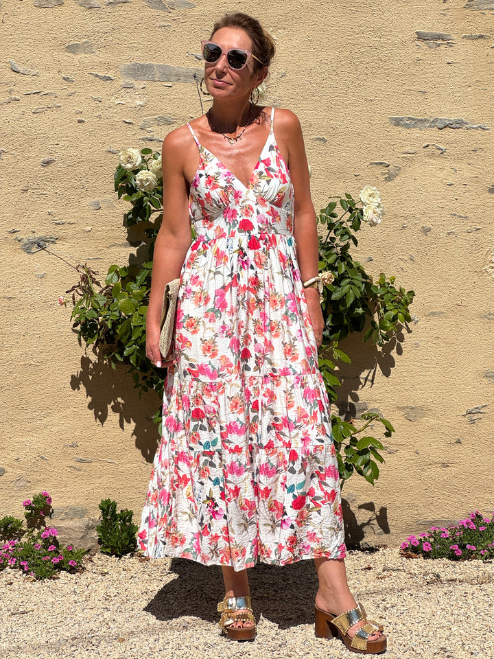 Robe imprimé floral rose fond beige LISA In April 1986
