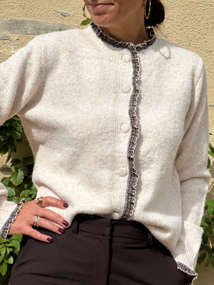 Gilet écru écossais beige et chocolat NELI