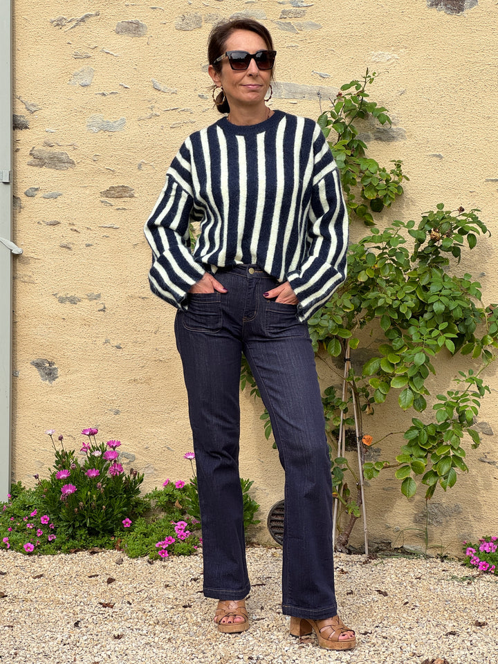Pull rayures marine fond beige broderie AMOUR