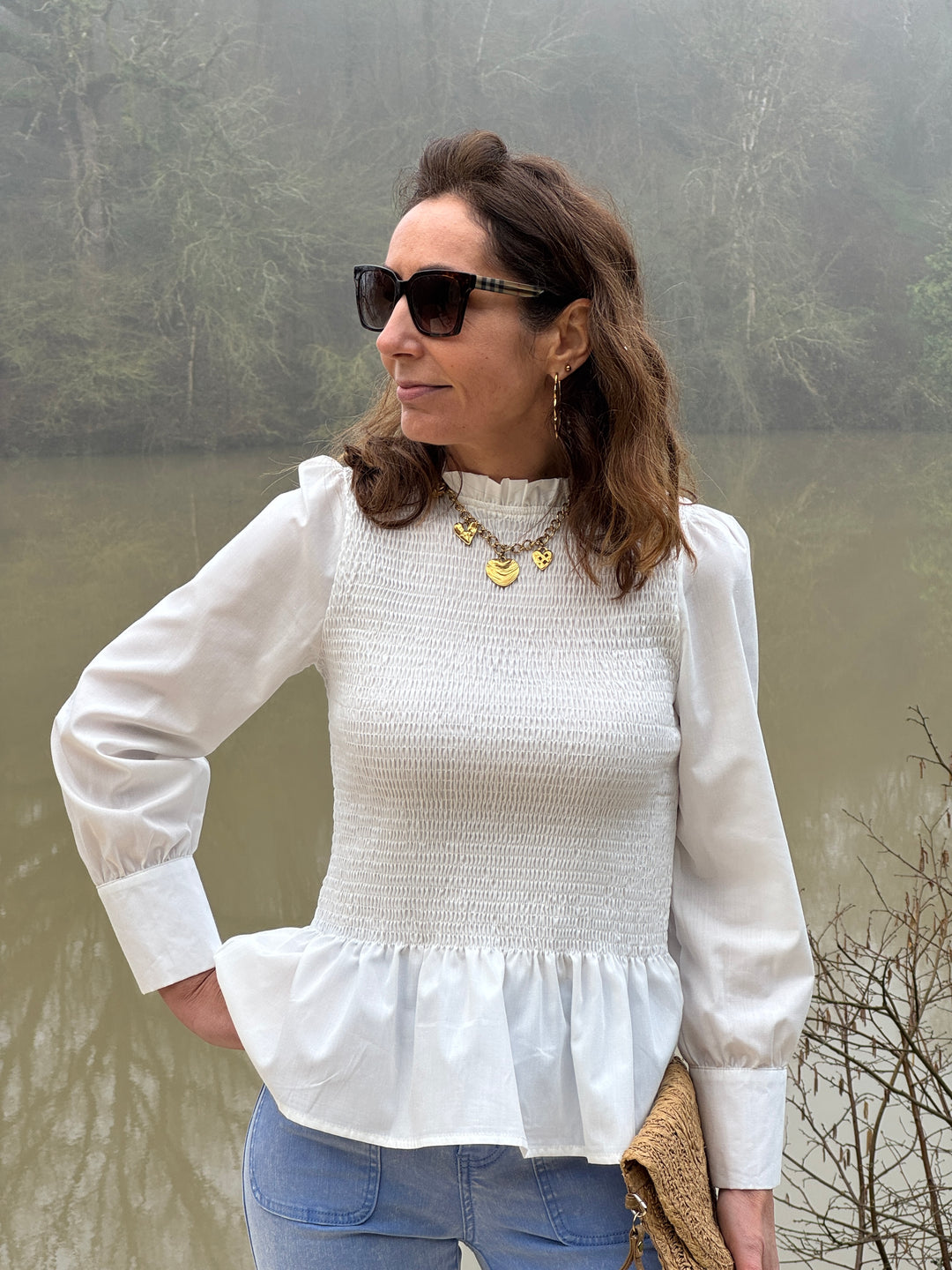 Top manche longue cintré avec volant blanc MILOE